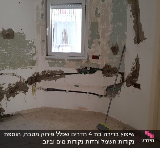 קיר עם טיח מתקלף וכלי עבודה לשיפוץ